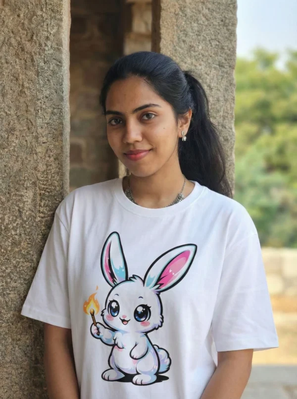 Woman wearing LIVNT Spark Bunny white oversized t-shirt standing in a stone archway, styled with traditional earrings.