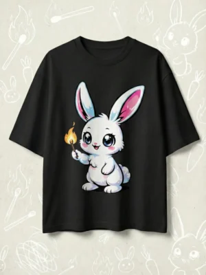 Black oversized t-shirt featuring cute anime bunny holding a lit matchstick graphic art flat lay.